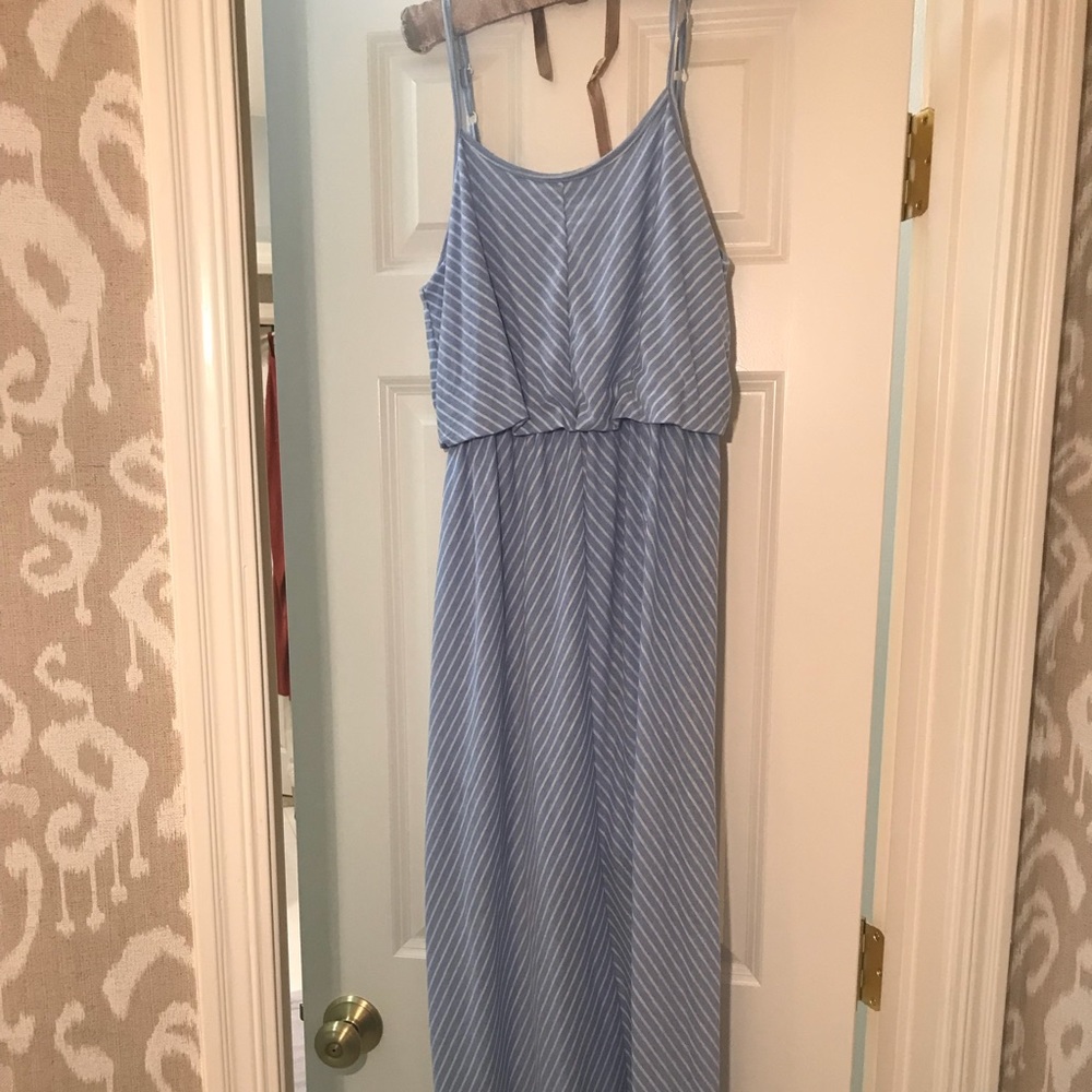 blue and white maxi dress.